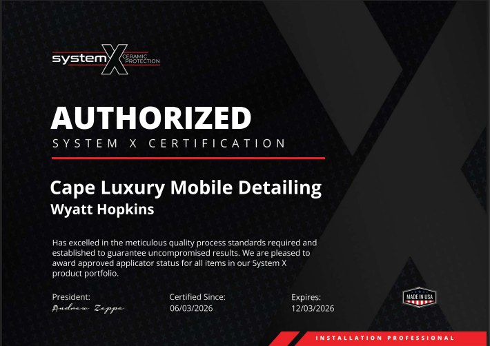 System X authorized certification issued to Cape Luxury Mobile Detailing LLC, Wyatt Hopkins